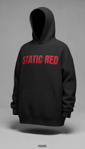 Boxy black hoodie with static red text
