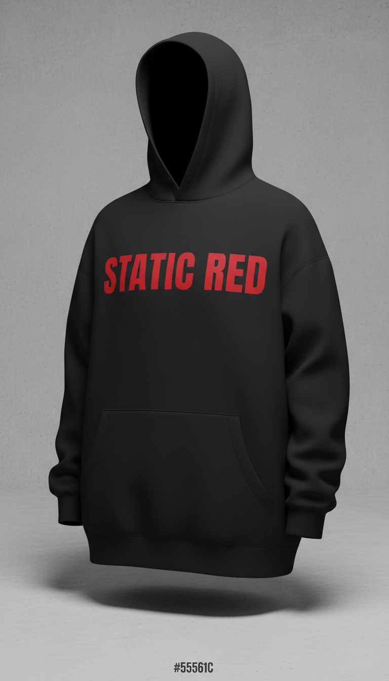 Boxy black hoodie with static red text